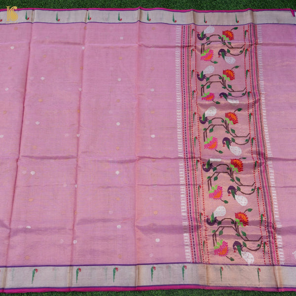 Handwoven Hopbush Pink Real Zari Kota Silk by Tissue Saree with Muniya Border - Khinkhwab