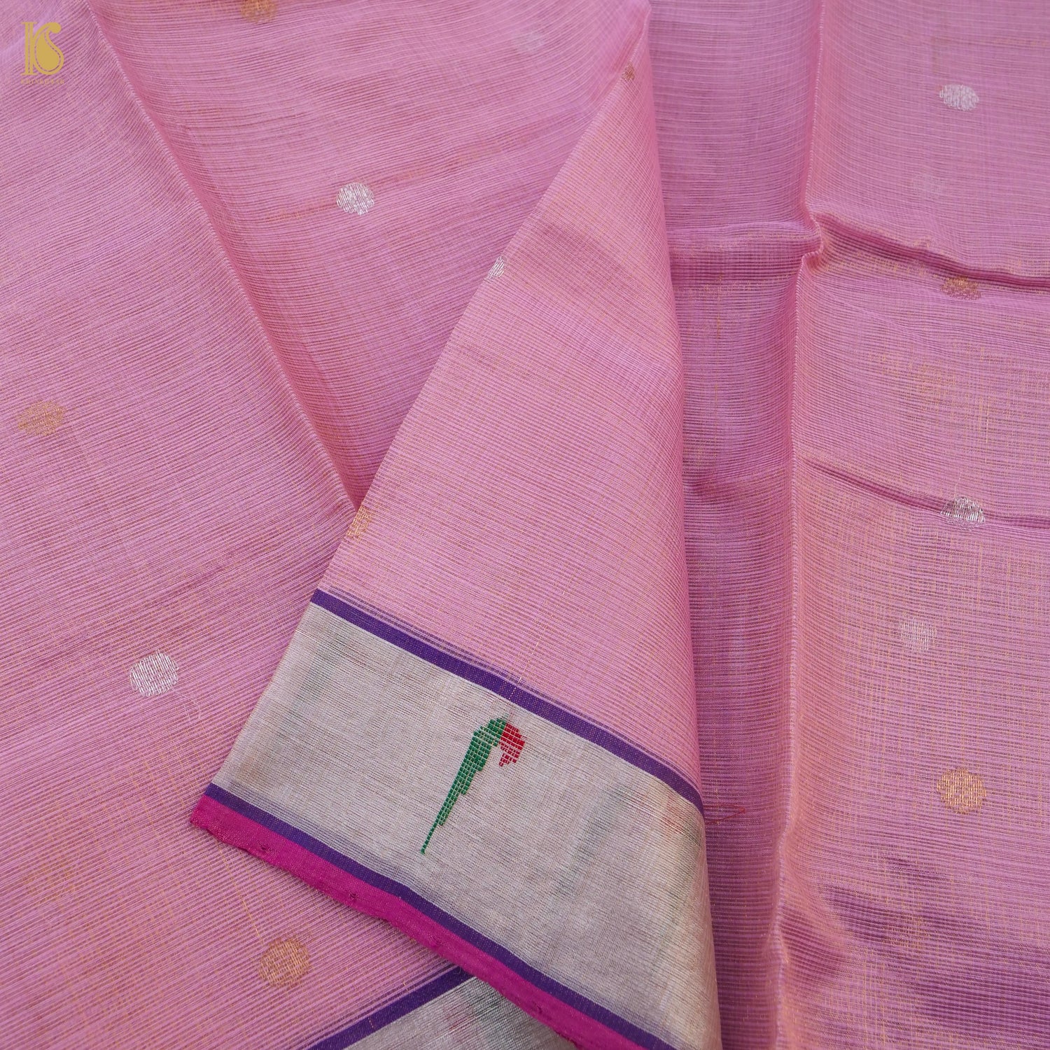 Handwoven Hopbush Pink Real Zari Kota Silk by Tissue Saree with Muniya Border - Khinkhwab