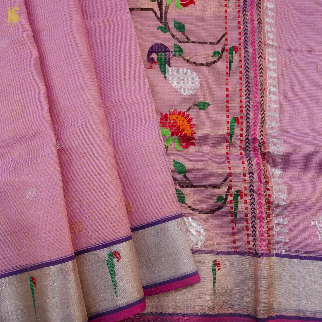 Handwoven Hopbush Pink Real Zari Kota Silk by Tissue Saree with Muniya Border - Khinkhwab