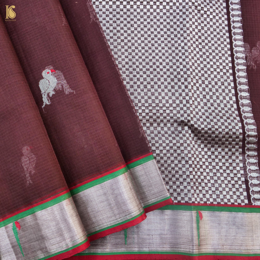 Handwoven Tosca Brown Real Zari Kota Silk Saree with Muniya Border - Khinkhwab