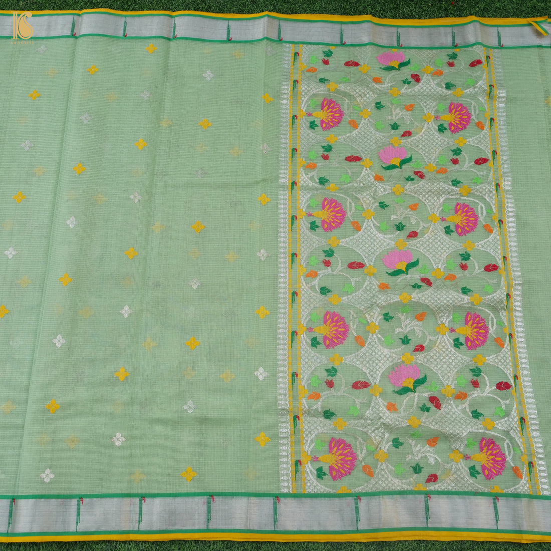 Handwoven Mantle Green Real Zari Kota Silk Saree with Muniya Border - Khinkhwab