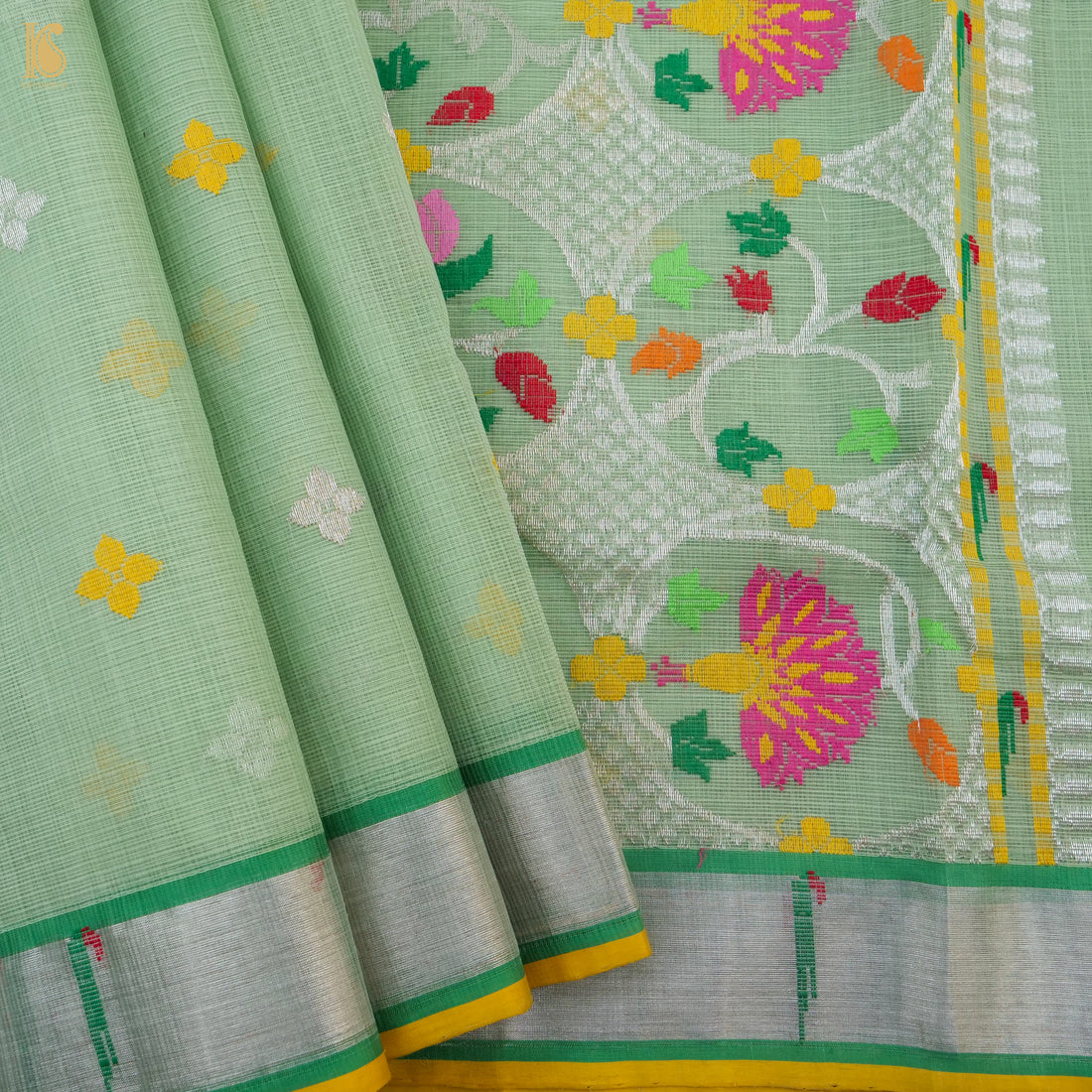 Handwoven Mantle Green Real Zari Kota Silk Saree with Muniya Border - Khinkhwab