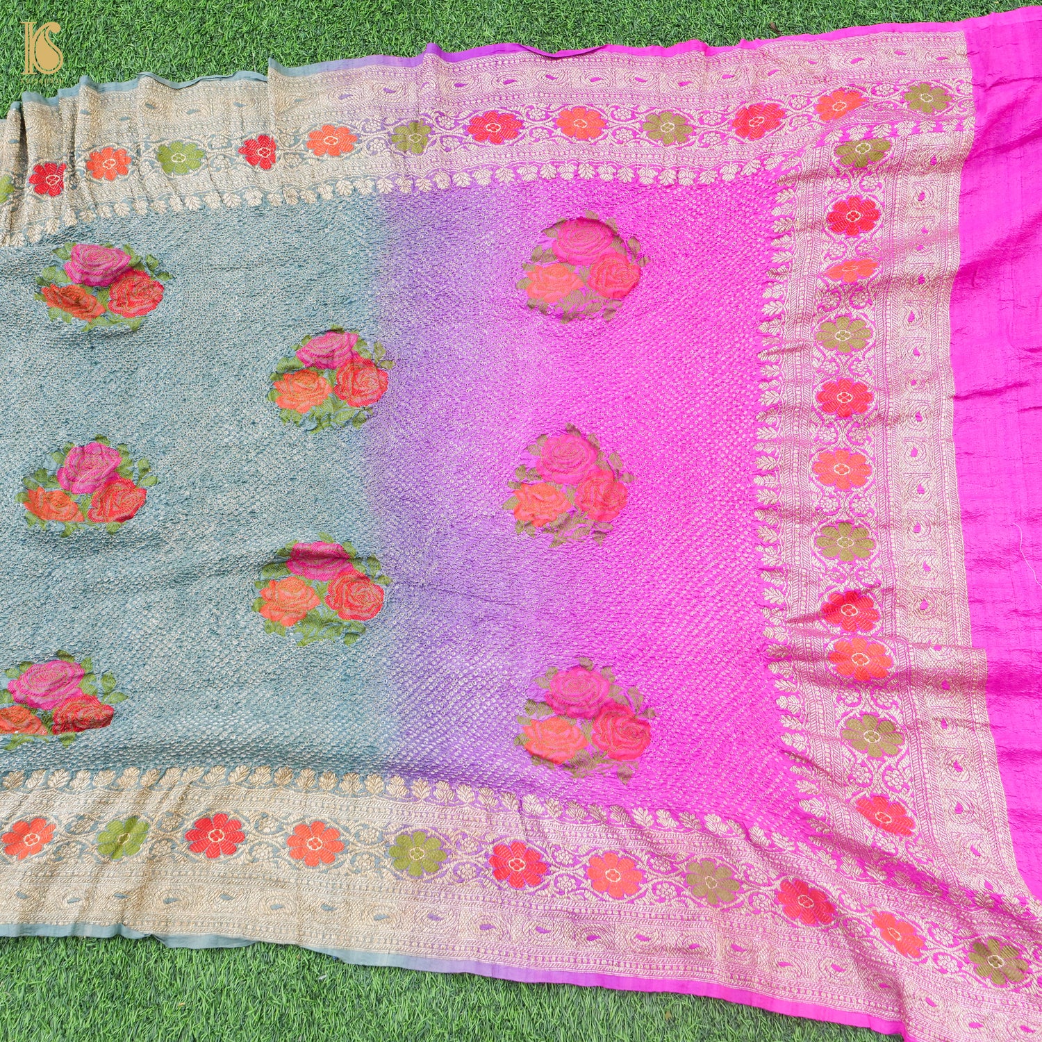 Shaded Handloom Pure Tussar Silk Banarasi Rose Bandhani Dupatta - Khinkhwab