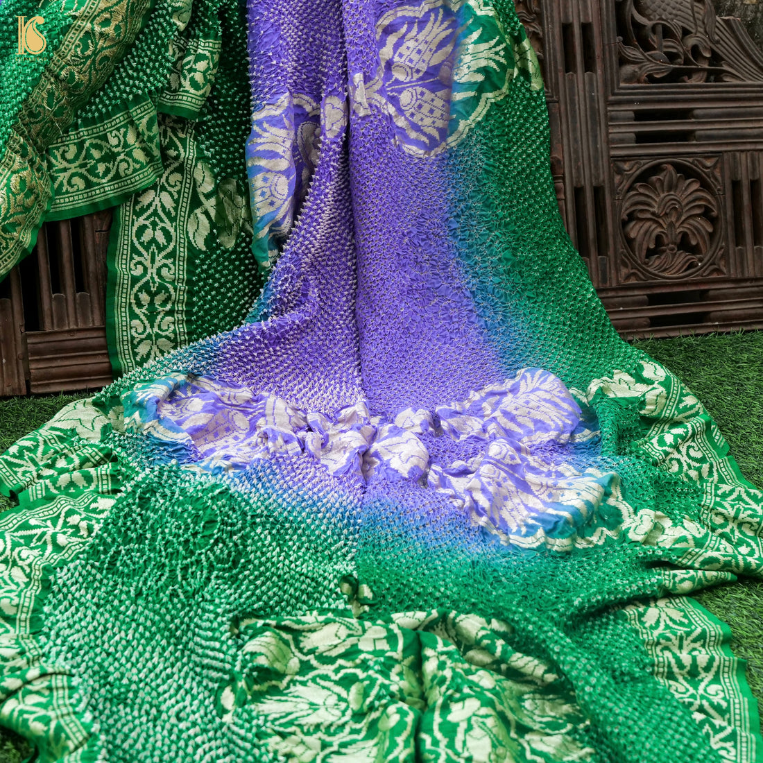 Preorder - Green &amp; Purple Handwoven Bandhani Pure Moonga Silk Turkish Saree - Khinkhwab