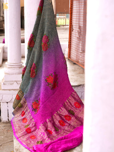 Shaded Handloom Pure Tussar Silk Banarasi Rose Bandhani Dupatta - Khinkhwab