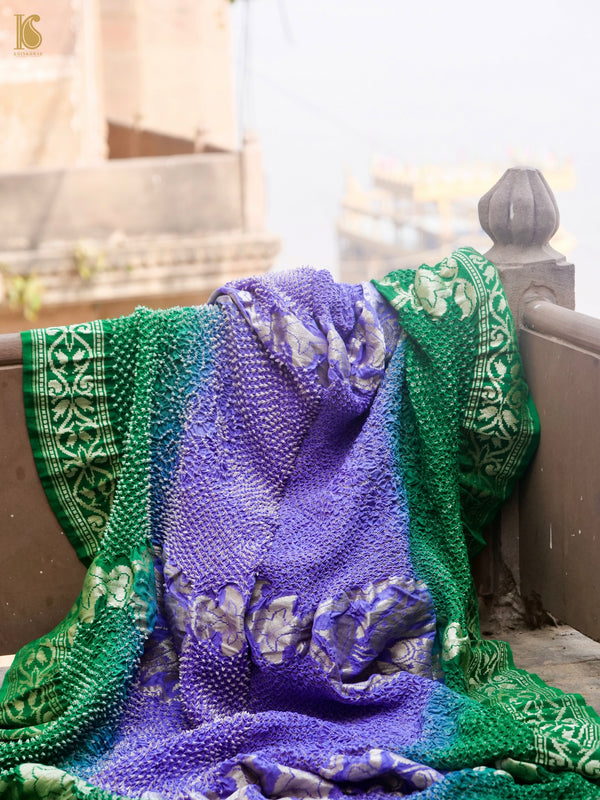 Preorder - Green & Purple Handwoven Bandhani Pure Moonga Silk Turkish Saree - Khinkhwab