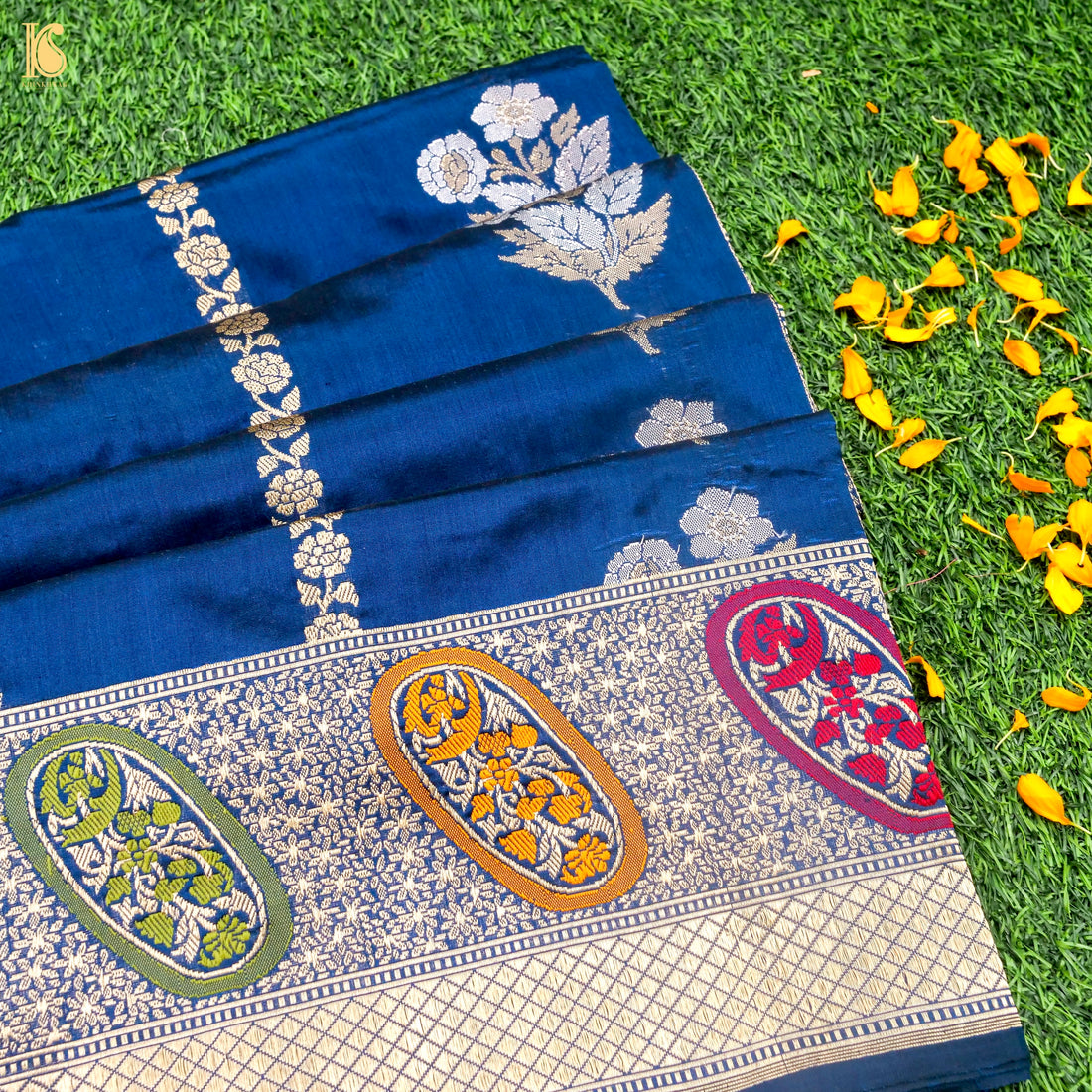 Prussian Blue Pure Katan Silk Handwoven Banarasi Kadwa Saree - Khinkhwab