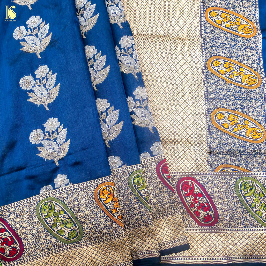 Prussian Blue Pure Katan Silk Handwoven Banarasi Kadwa Saree - Khinkhwab