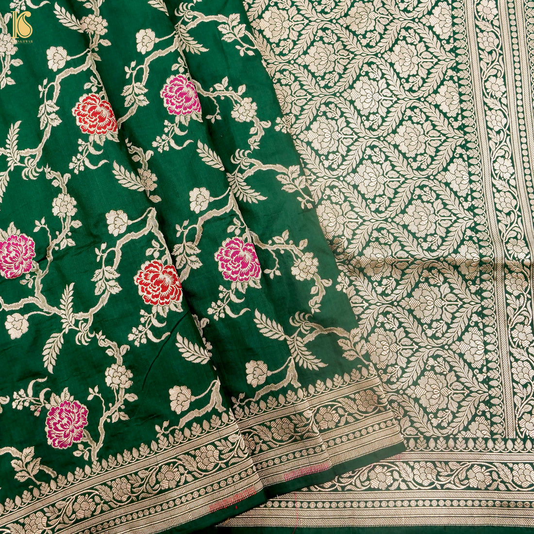 Green Handloom Banarasi Pure Katan Silk Jaal Saree - Khinkhwab