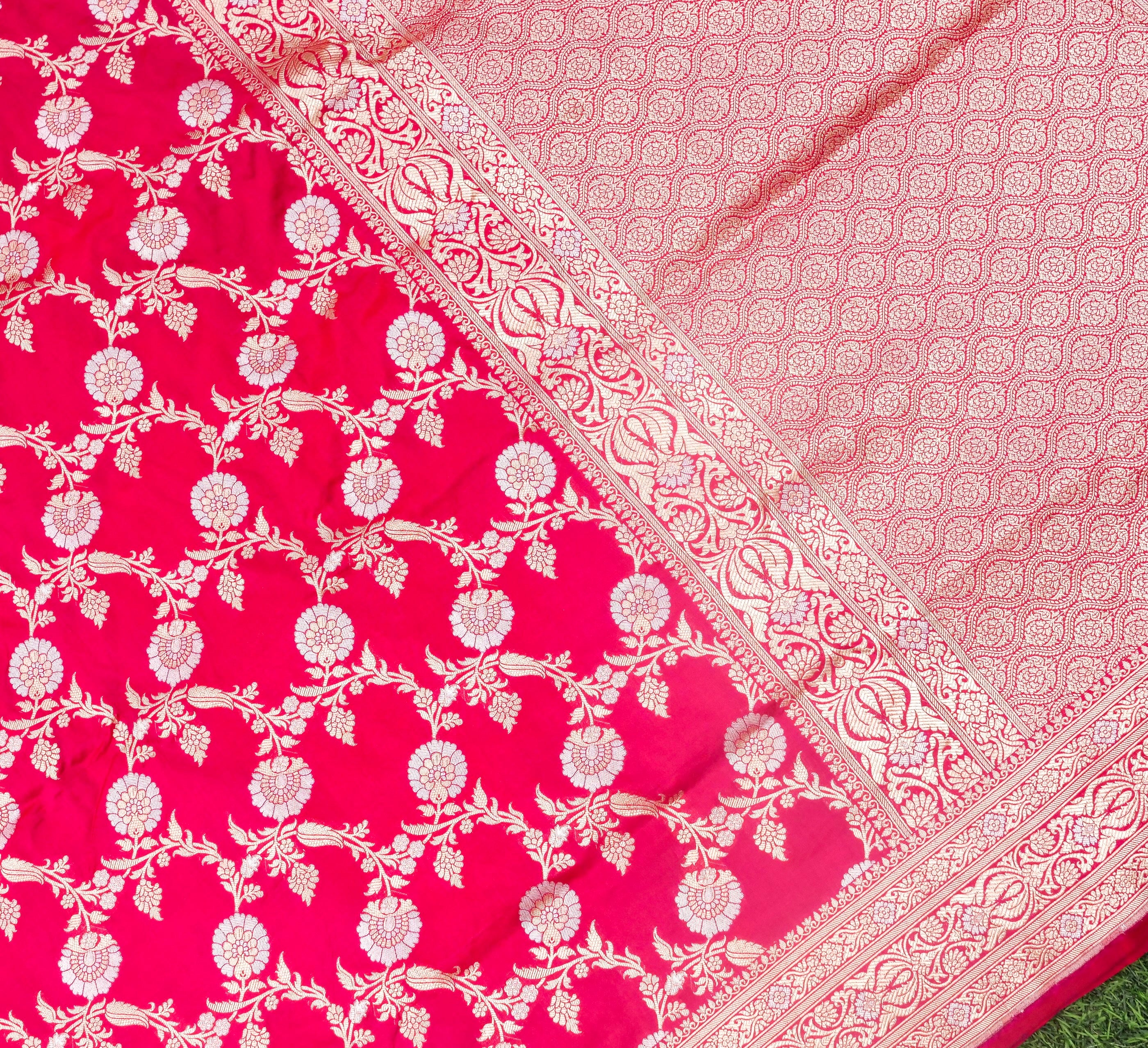 Cardinal Red Handloom Banarasi Pure Katan Silk Jaal Saree - Khinkhwab
