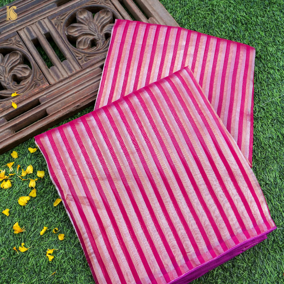 Mulberry Pink Pure Banarasi Kora by Tissue Stripes Saree - Khinkhwab