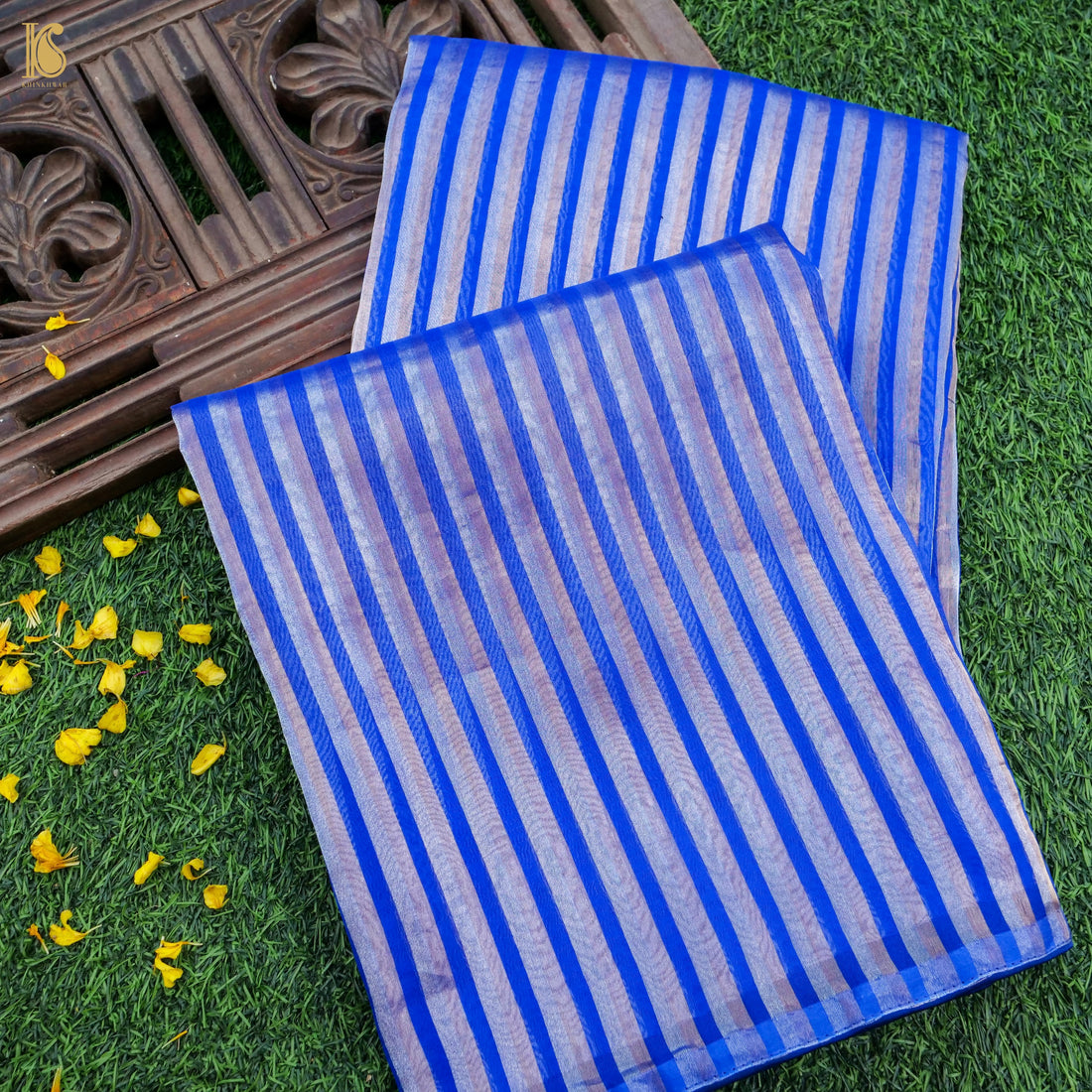 Persian Blue Pure Banarasi Kora by Tissue Stripes Saree - Khinkhwab