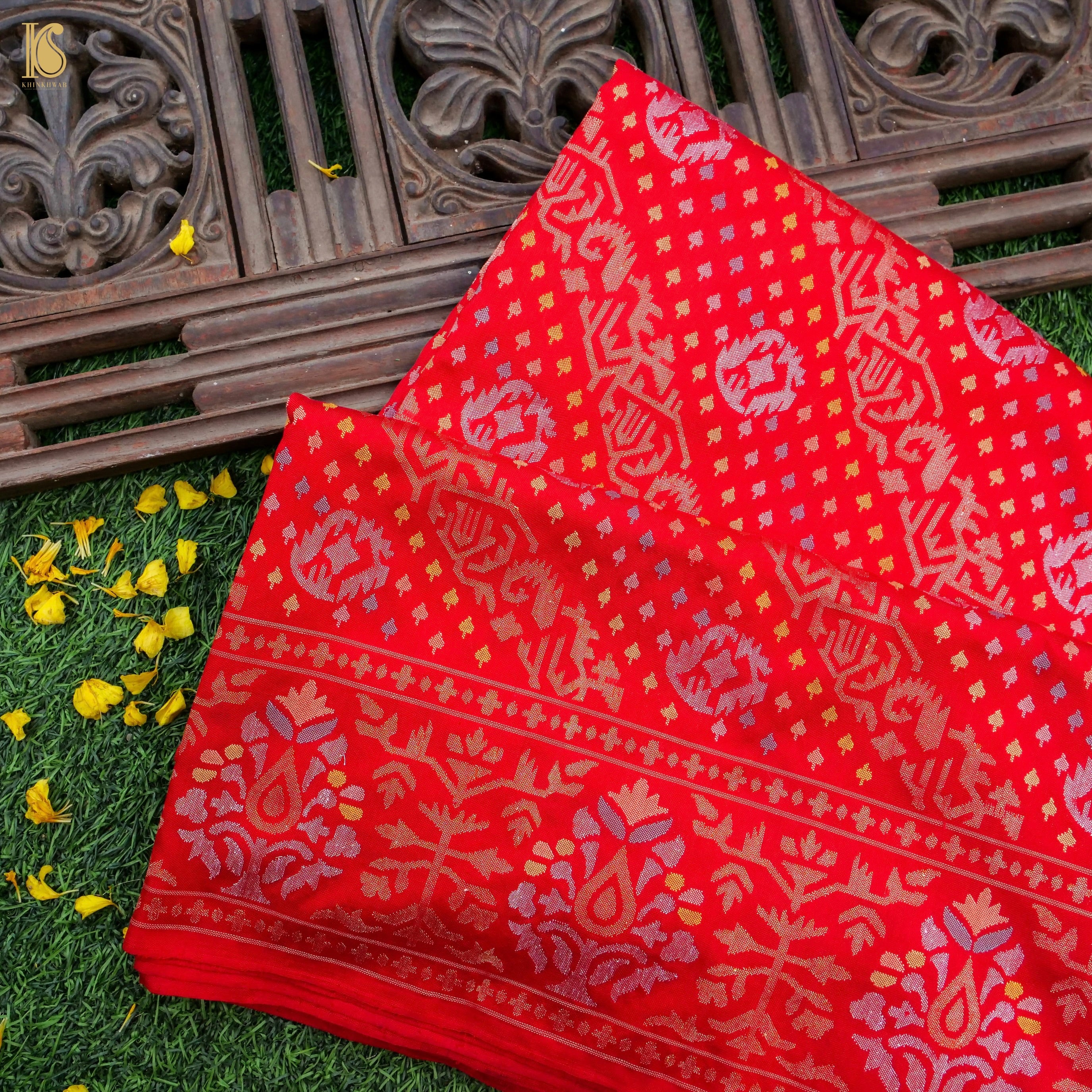 Semi Katan Silk Bridal Minakari Banarasi Saree in Cream and Dark Red |  Bengal Looms
