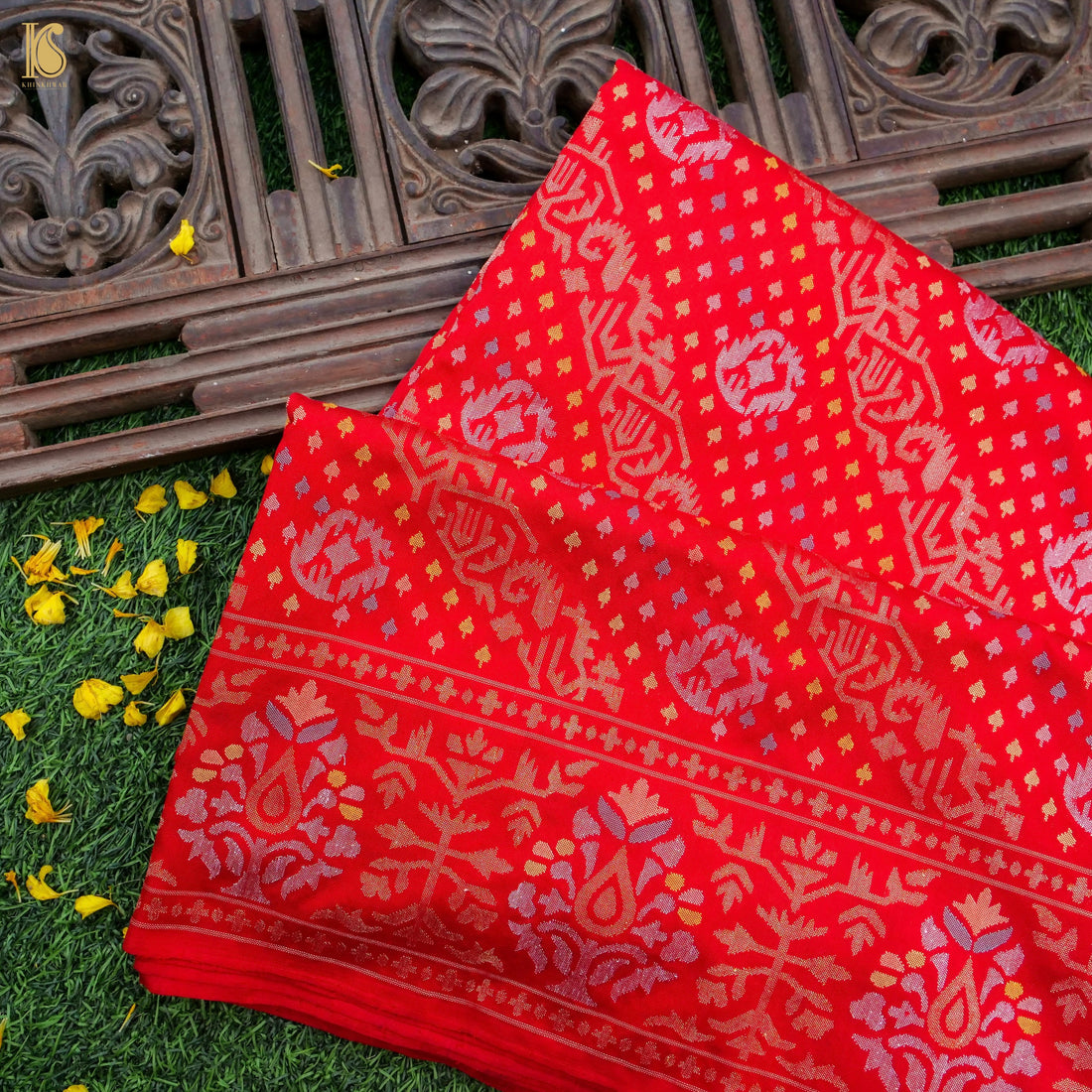Rakhtambari Handwoven Pure Silk Real Zari Banarasi Meenakari Jamdani Saree - Khinkhwab
