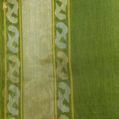 Green Leaf Handwoven Pure Cotton Real Silver Zari Banarasi Saree - Khinkhwab