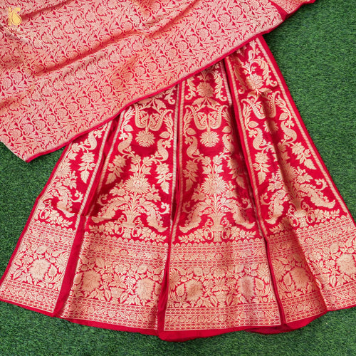 Red Pure Katan Silk Handloom Banarasi Kalidar Lehenga - Khinkhwab