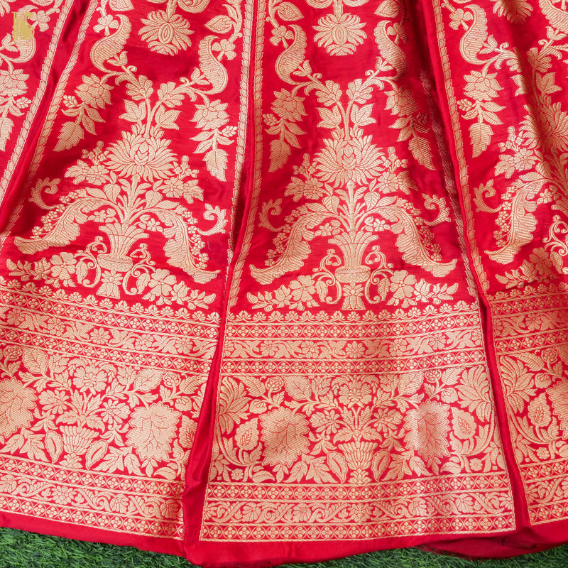 Red Pure Katan Silk Handloom Banarasi Kalidar Lehenga - Khinkhwab
