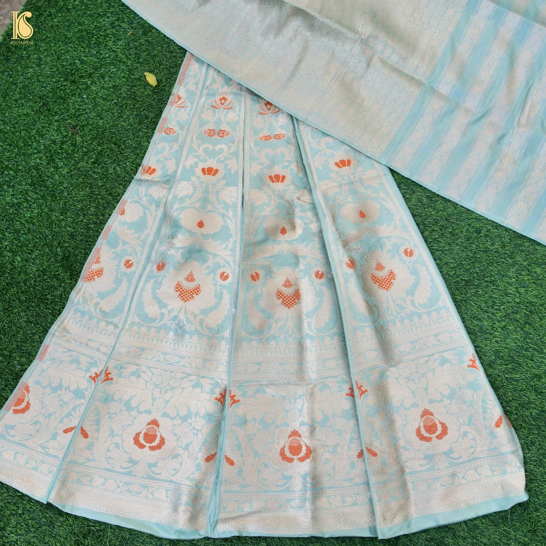 Regent St Blue Pure Katan Silk Handloom Banarasi Kalidar Lehenga - Khinkhwab