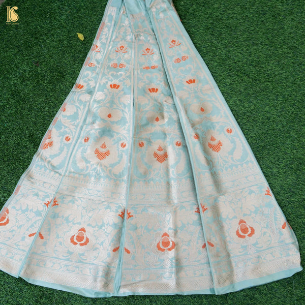 Regent St Blue Pure Katan Silk Handloom Banarasi Kalidar Lehenga - Khinkhwab