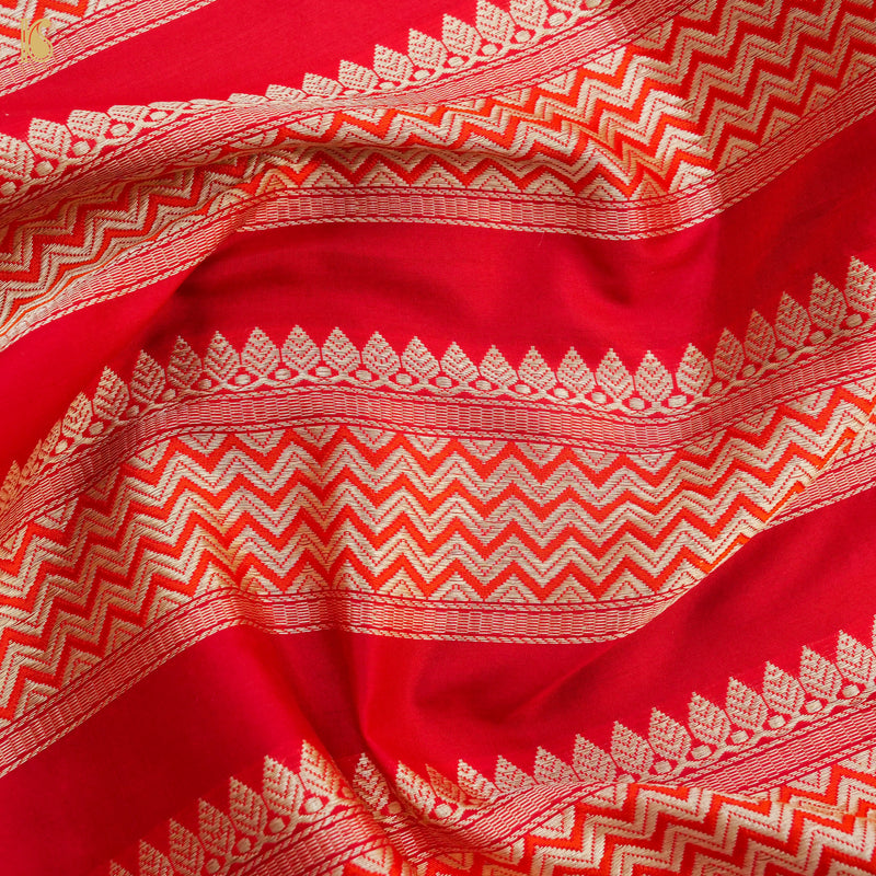 Carmine Red Pure Katan Silk Handloom Banarasi Kalidar Chevron Lehenga - Khinkhwab