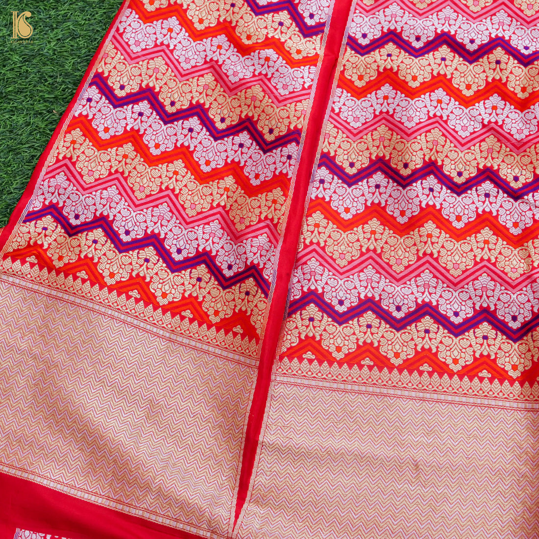 Carmine Red Pure Katan Silk Handloom Banarasi Kalidar Chevron Lehenga - Khinkhwab