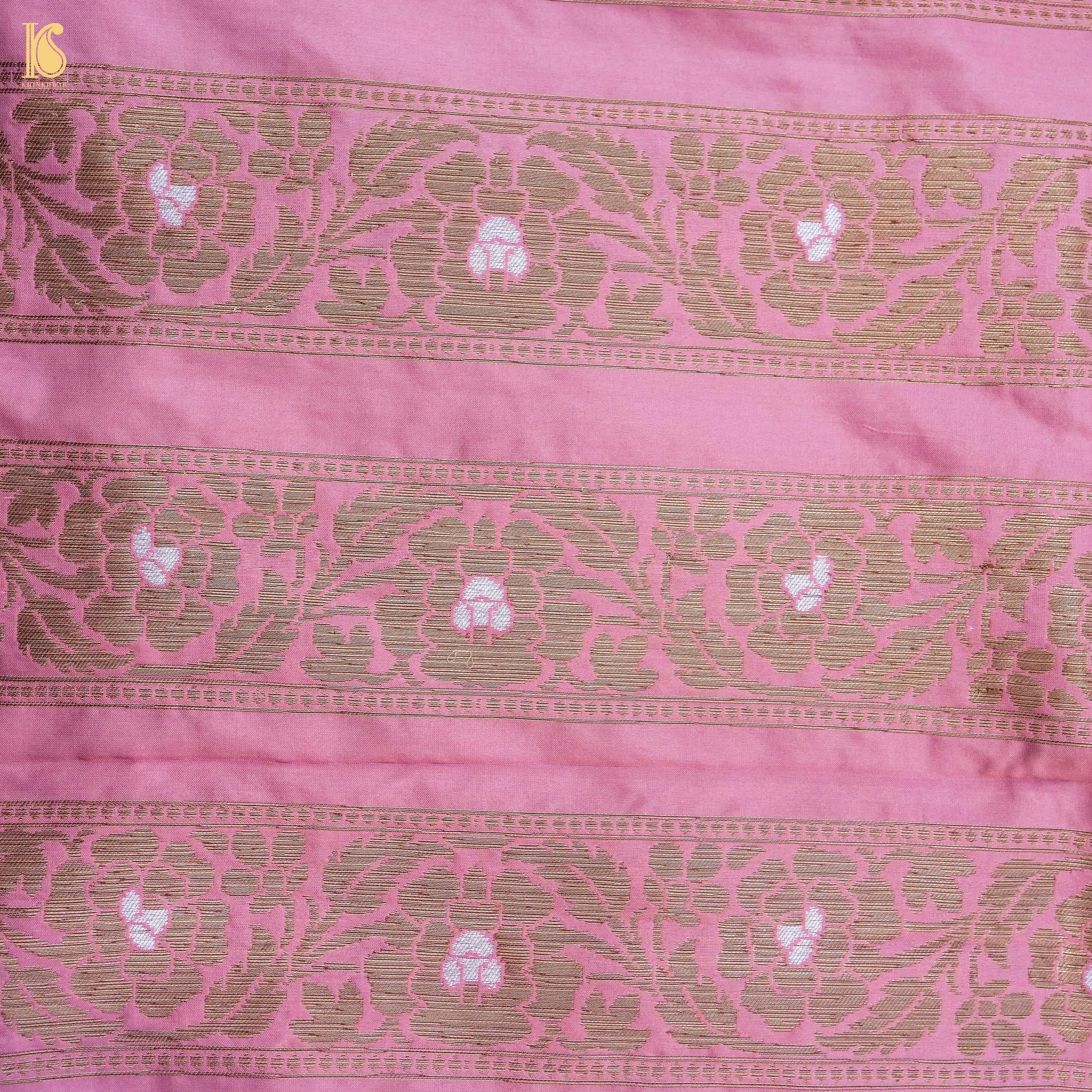 Sundown Pink Pure Katan Silk Handloom Banarasi Kalidar Peacock Lehenga - Khinkhwab