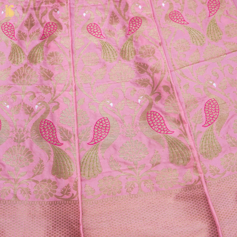 Sundown Pink Pure Katan Silk Handloom Banarasi Kalidar Peacock Lehenga - Khinkhwab