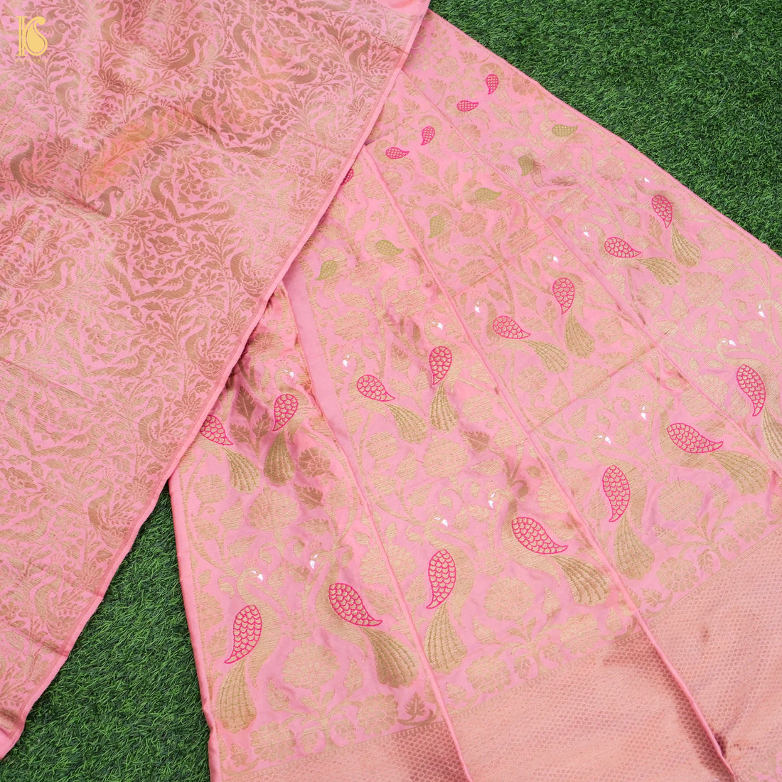 Sundown Pink Pure Katan Silk Handloom Banarasi Kalidar Peacock Lehenga - Khinkhwab