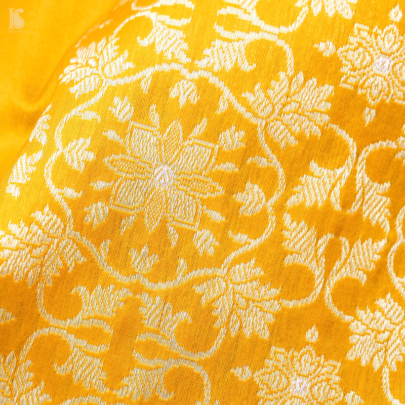 Yellow Pure Katan Silk Handloom Banarasi Kalidar Crane Lehenga - Khinkhwab