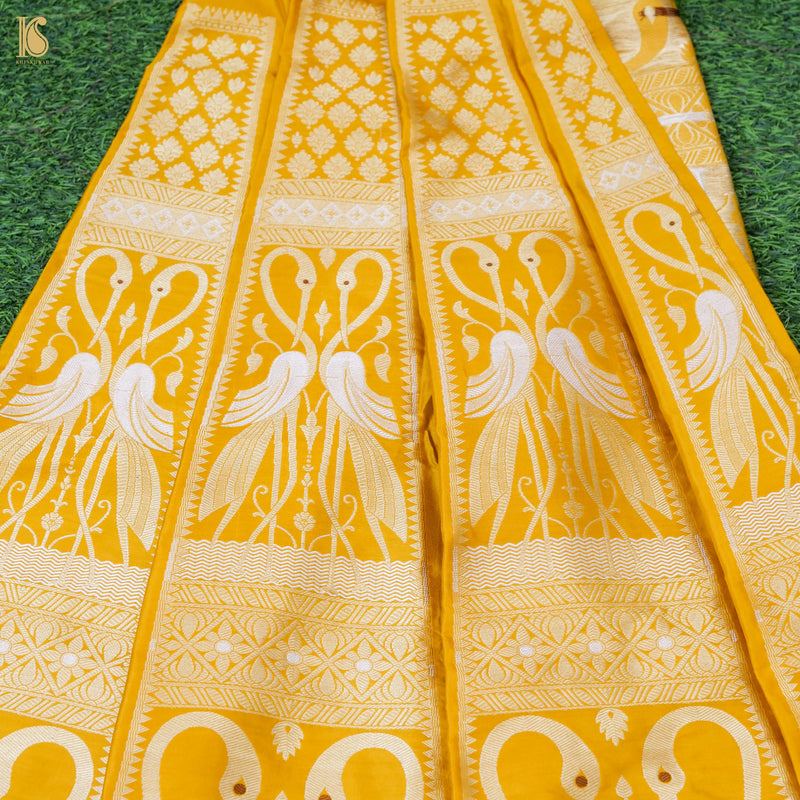 Yellow Pure Katan Silk Handloom Banarasi Kalidar Crane Lehenga - Khinkhwab