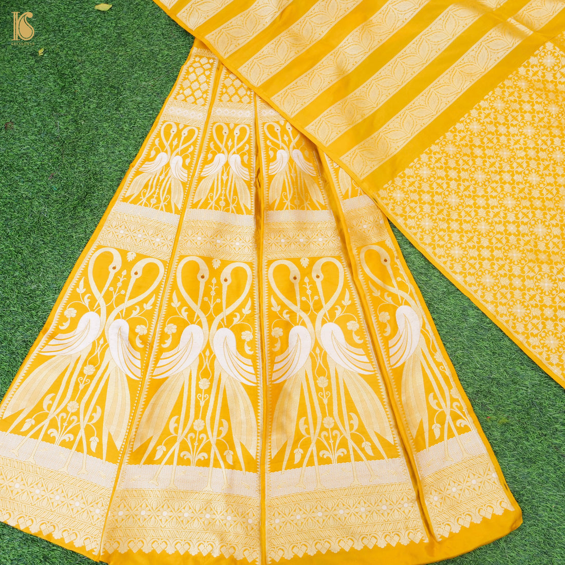 Yellow Pure Katan Silk Handloom Banarasi Kalidar Crane Lehenga - Khinkhwab