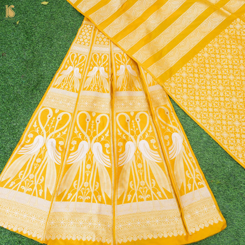 Yellow Pure Katan Silk Handloom Banarasi Kalidar Crane Lehenga - Khinkhwab