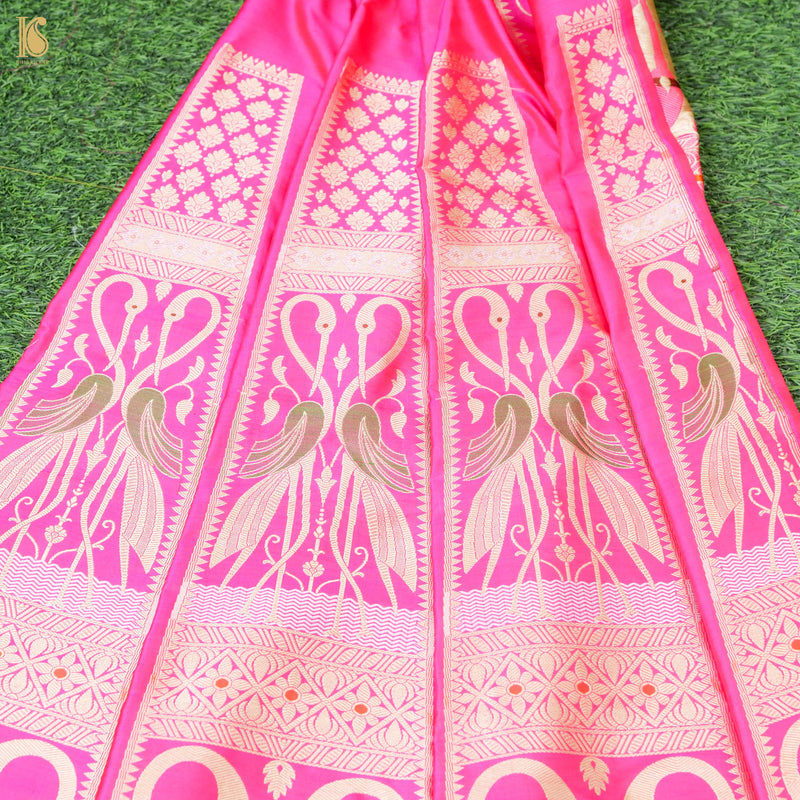 Pink Pure Katan Silk Handloom Banarasi Kalidar Crane Lehenga - Khinkhwab