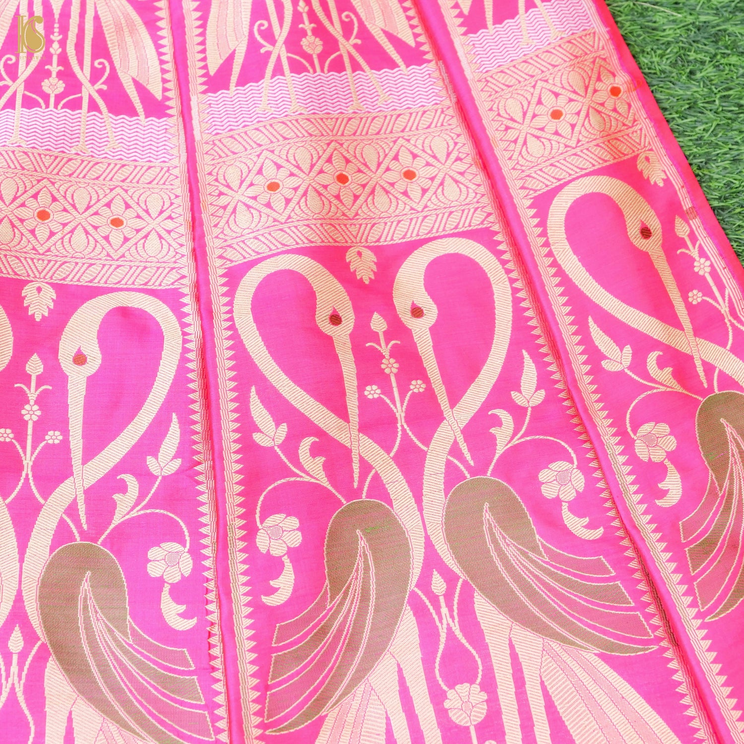 Pink Pure Katan Silk Handloom Banarasi Kalidar Crane Lehenga - Khinkhwab