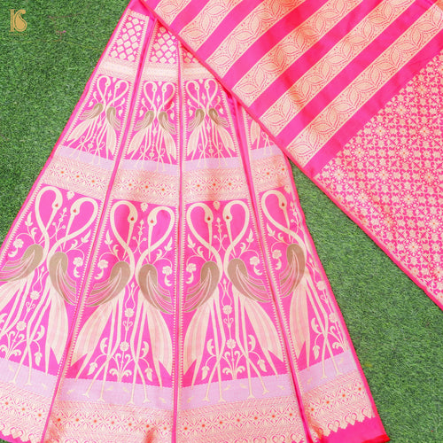 Pink Pure Katan Silk Handloom Banarasi Kalidar Crane Lehenga - Khinkhwab