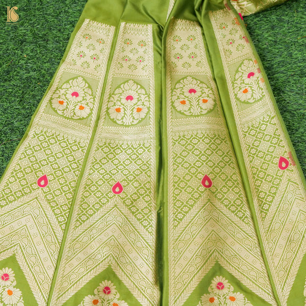 Olive Green Pure Katan Silk Handloom Banarasi Kalidar Lehenga - Khinkhwab
