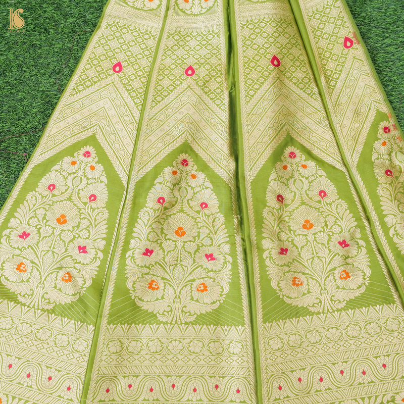 Olive Green Pure Katan Silk Handloom Banarasi Kalidar Lehenga - Khinkhwab