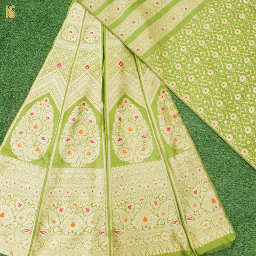 Olive Green Pure Katan Silk Handloom Banarasi Kalidar Lehenga - Khinkhwab