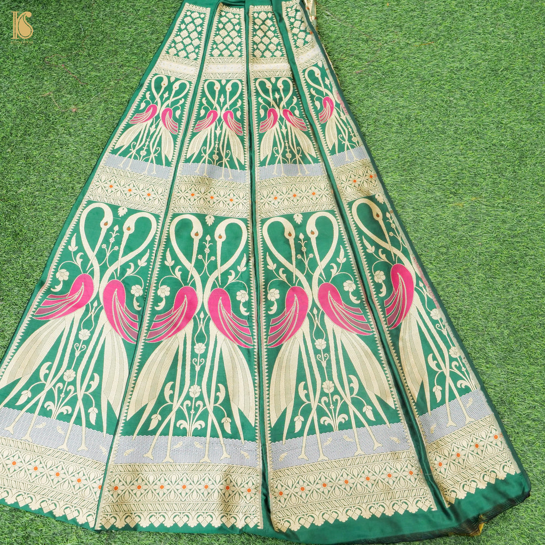 Green Pure Katan Silk Handloom Banarasi Kalidar Crane Lehenga - Khinkhwab