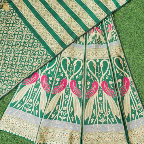 Green Pure Katan Silk Handloom Banarasi Kalidar Crane Lehenga - Khinkhwab