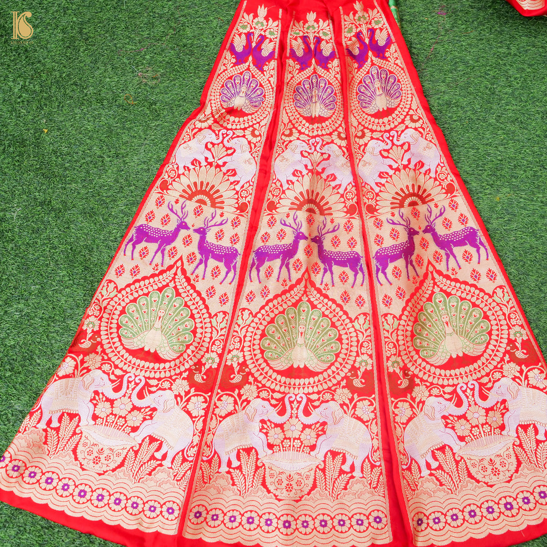 Red Pure Katan Silk Handloom Banarasi Kalidar Shikargah Lehenga - Khinkhwab