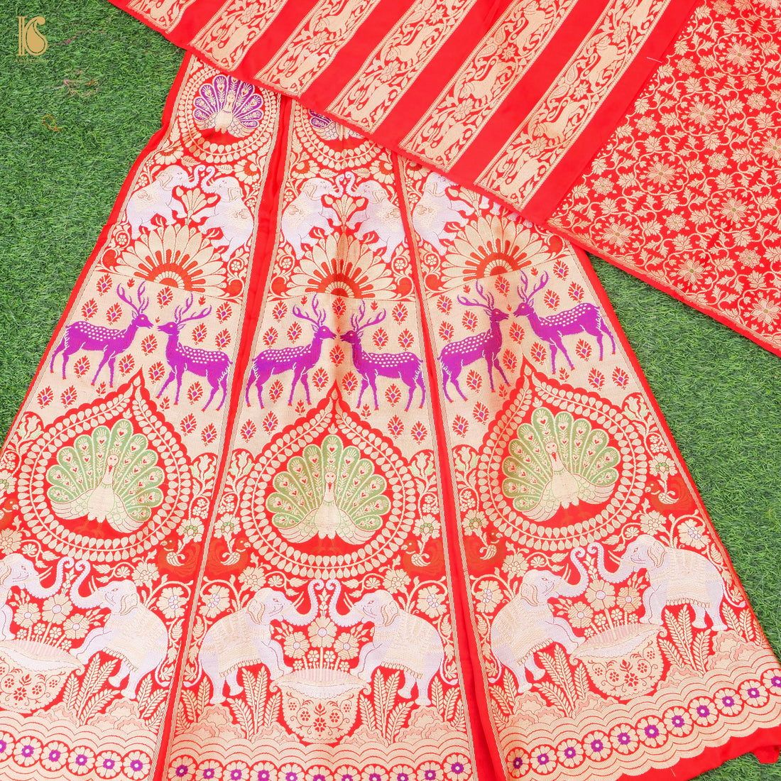 Red Pure Katan Silk Handloom Banarasi Kalidar Shikargah Lehenga - Khinkhwab