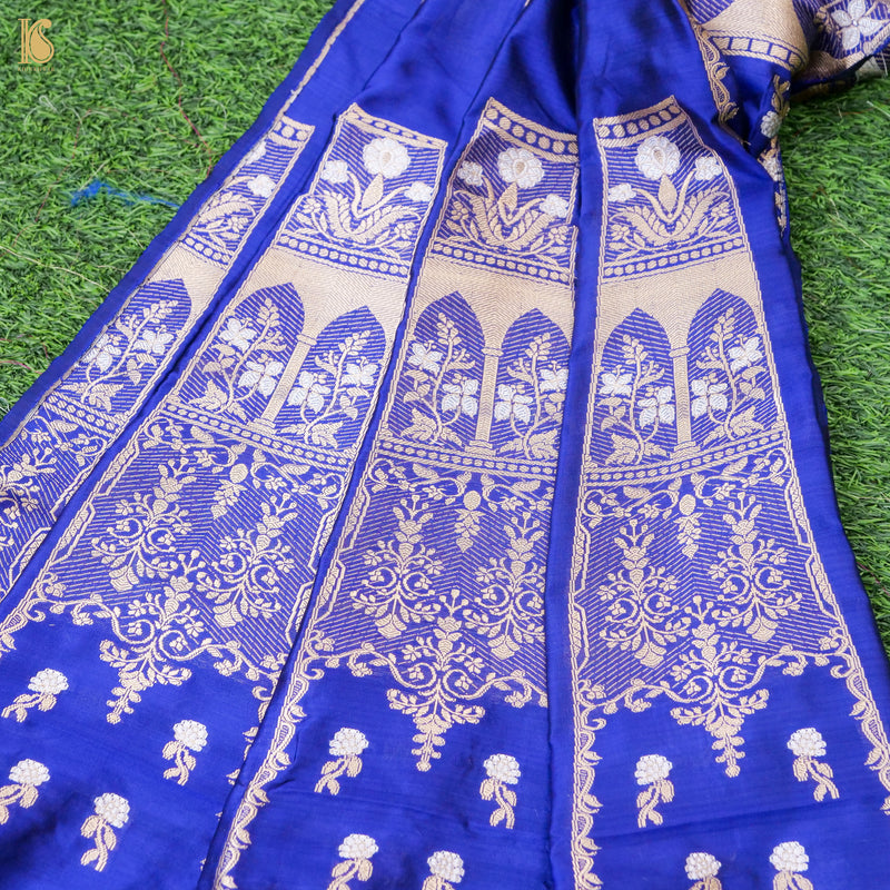 Blue Pure Katan Silk Handloom Banarasi Kalidar Lehenga - Khinkhwab