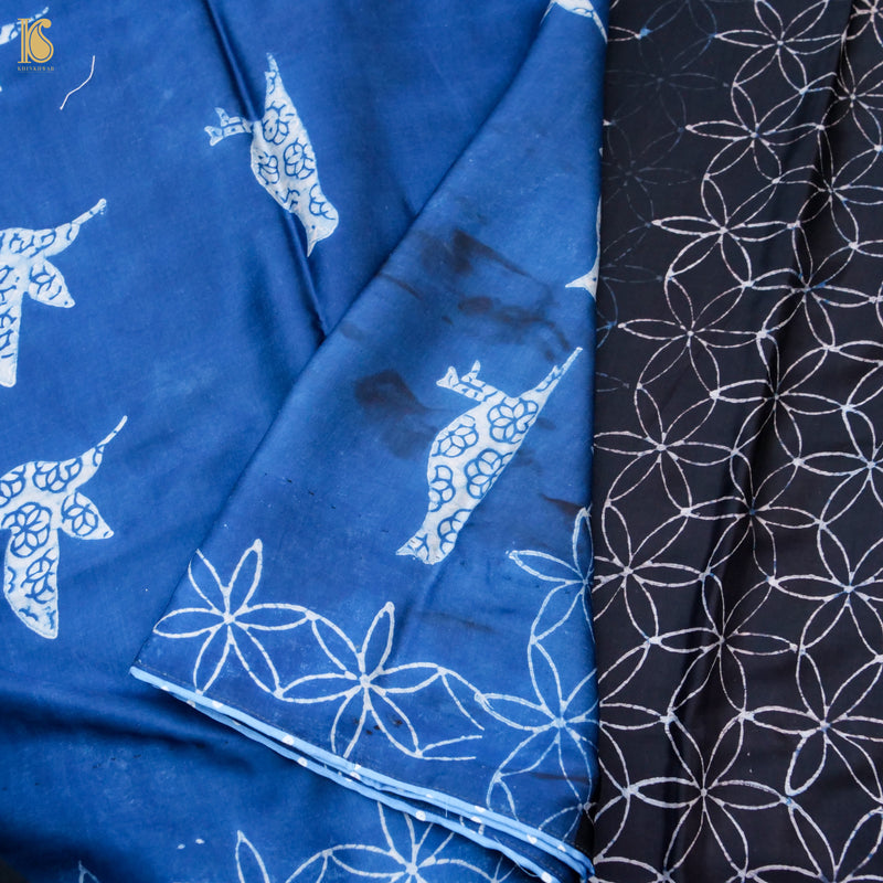 Pakshi - Black & Blue Pure Modal Silk Ajrakh Saree - Khinkhwab