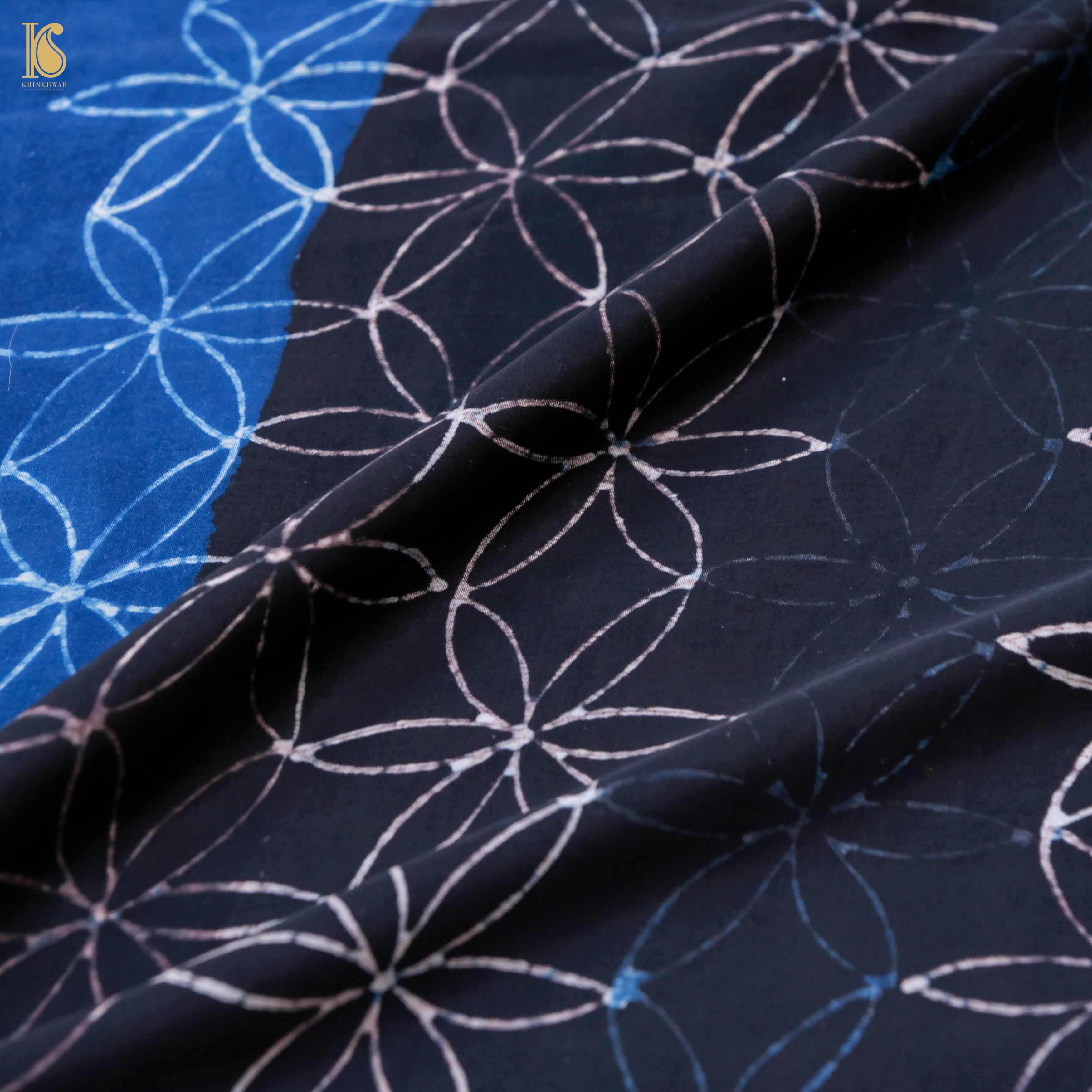 Pakshi - Black &amp; Blue Pure Modal Silk Ajrakh Saree - Khinkhwab