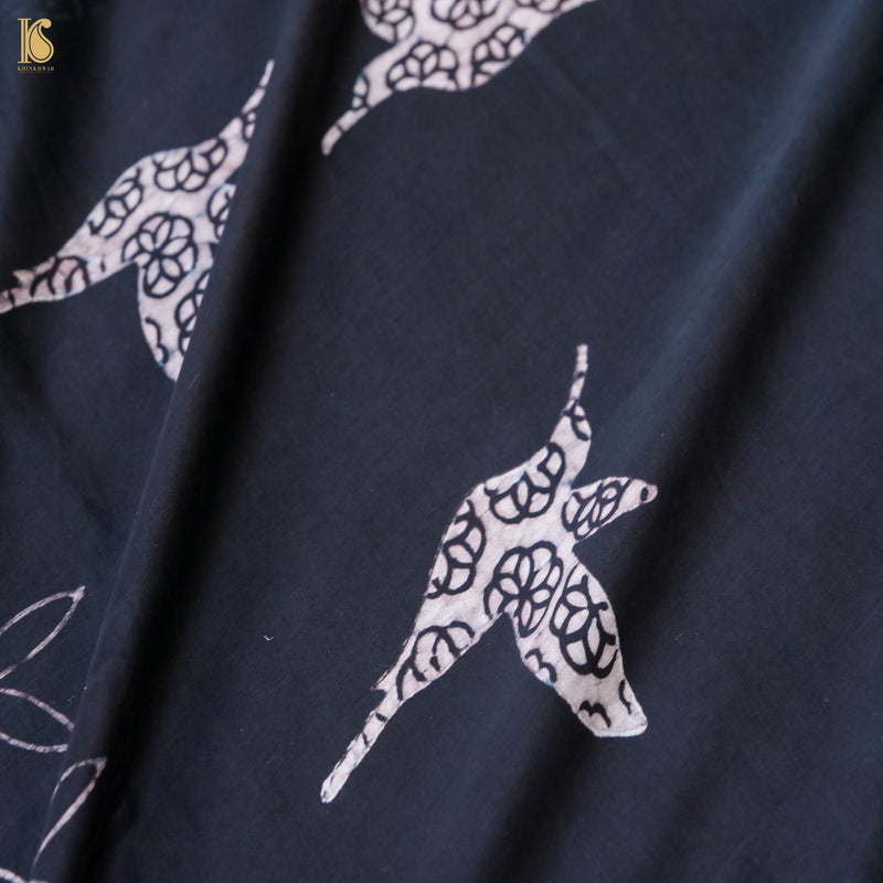 Pakshi - Black & Blue Pure Modal Silk Ajrakh Saree - Khinkhwab