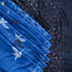 Pakshi - Black & Blue Pure Modal Silk Ajrakh Saree - Khinkhwab