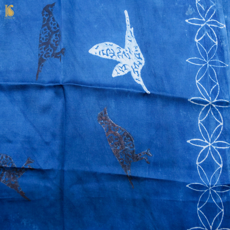 Pakshi - Black & Blue Pure Modal Silk Ajrakh Saree - Khinkhwab