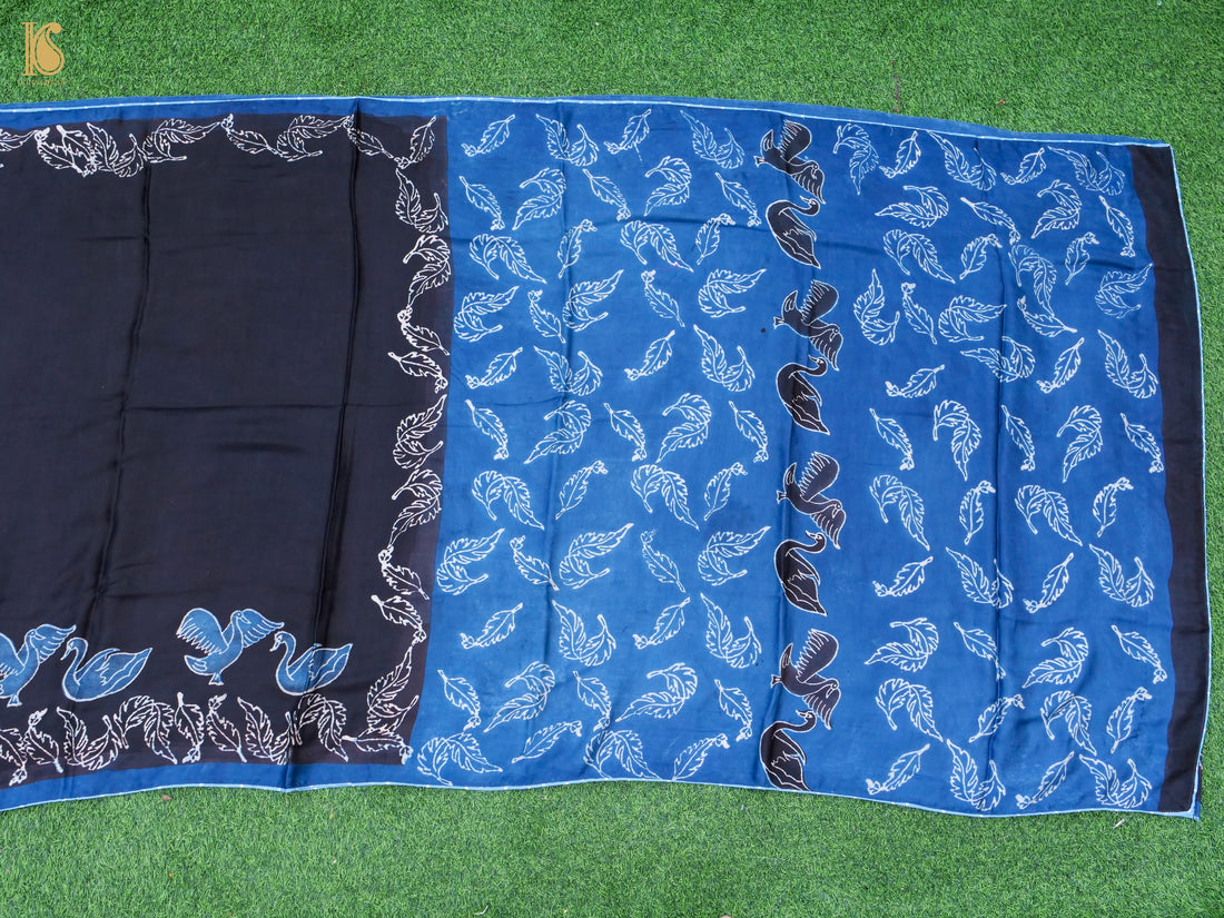 Pakshi - Blue &amp; Black Pure Modal Silk Ajrakh Saree - Khinkhwab