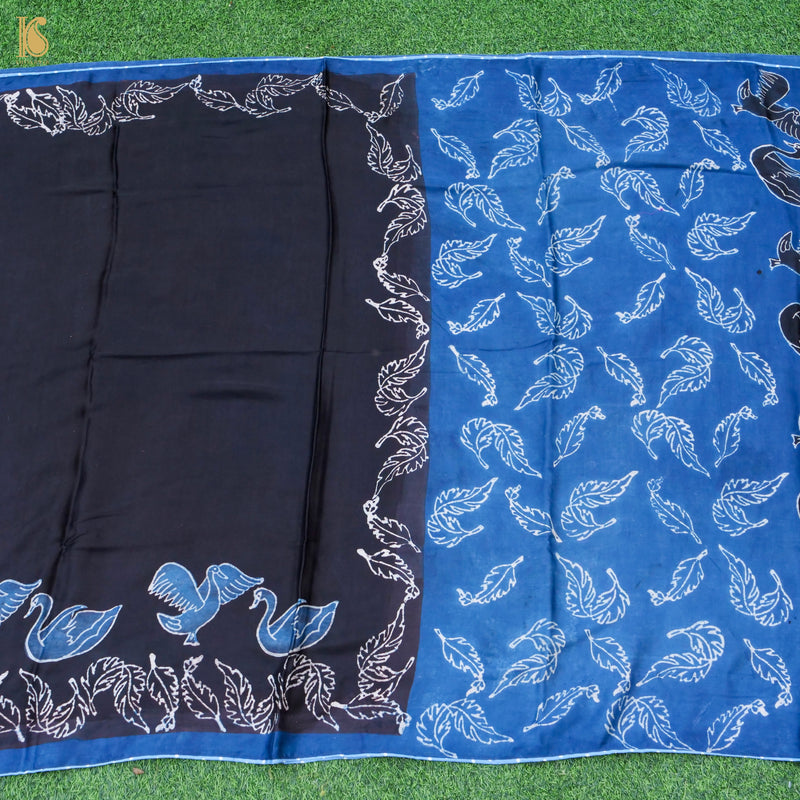 Pakshi - Blue & Black Pure Modal Silk Ajrakh Saree - Khinkhwab